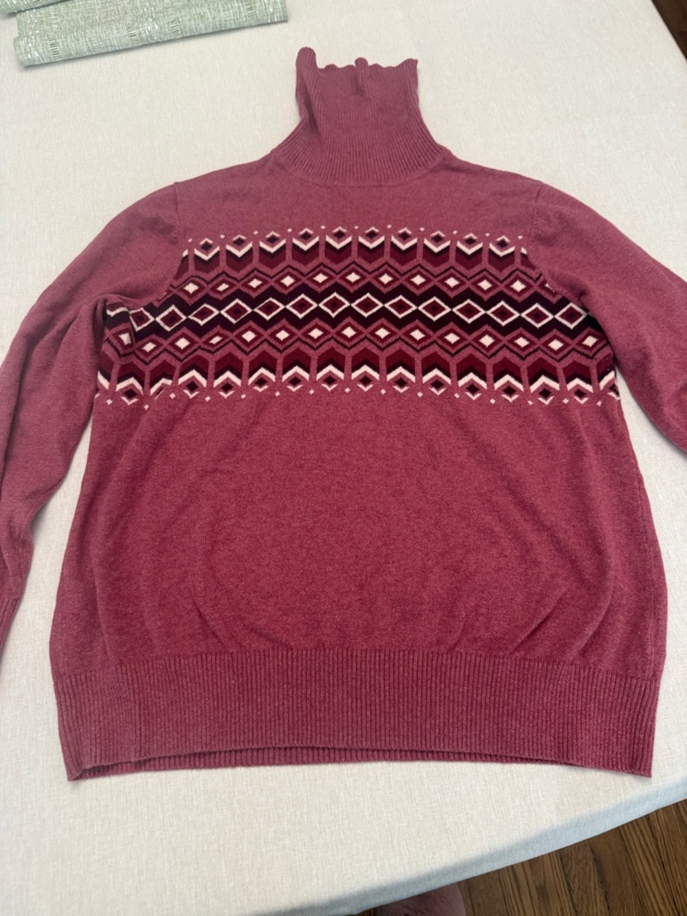L.L. Bean Women's Rose and Maroon Geometric Turtleneck Sweater